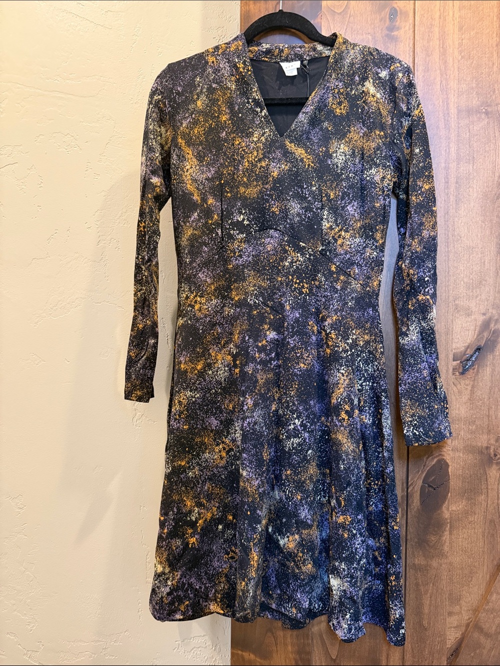 Skunkfunk Long Sleeve V-Neck Dress in Black, Gold, and Purple Speckle